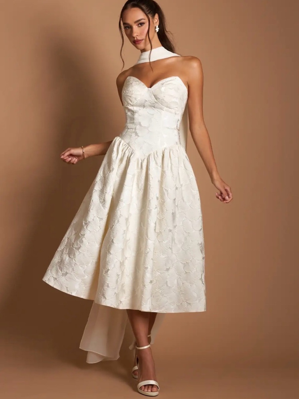 Strapless Floral Jacquard Midi Dress with Neck Scarf - White